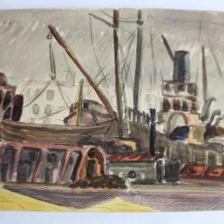 Peinture aquarelle Port bateaux