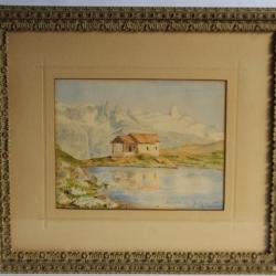 E. JAMES Aquarelle originale Lac de montagne 1886
