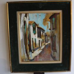 Tableau peinture a l'huile sur toile " rue village " 1962