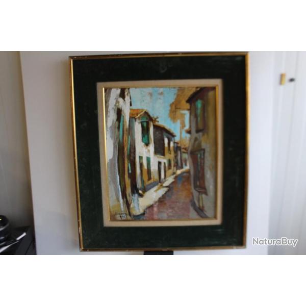 Tableau peinture a l'huile sur toile " rue village " 1962
