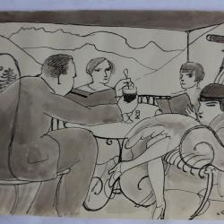 Dessin original a l'encre lavis Le café
