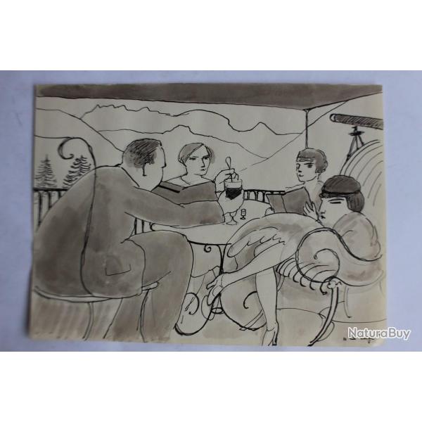 Dessin original a l'encre lavis Le caf