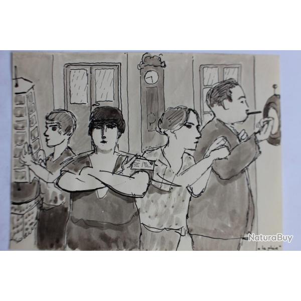 Dessin original a l'encre lavis La pluie