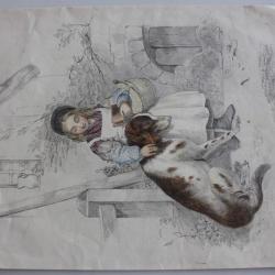 Dessin original mine de plomb aquarelle "Jeune paysanne et son chien"