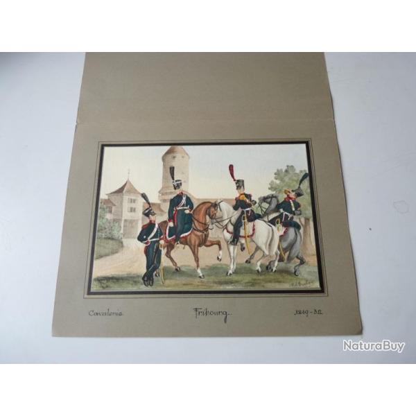 Lithographie originale A.V. ESCHER cavalerie Fribourg militaire