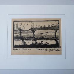 Dessin original à l'encre  Souvenir de Marcel Fontane  Genève 1918