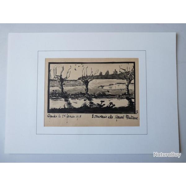 Dessin original  l'encre  Souvenir de Marcel Fontane  Genve 1918