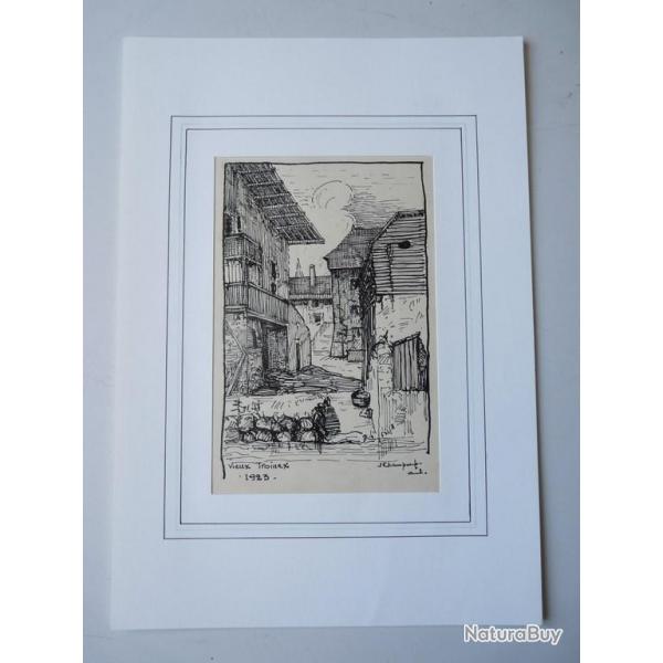 Dessin original a l'encre  Vieux Troinex  1923