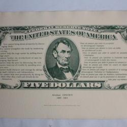 Billet géant 5 Dollars Abraham Lincoln Lithographie