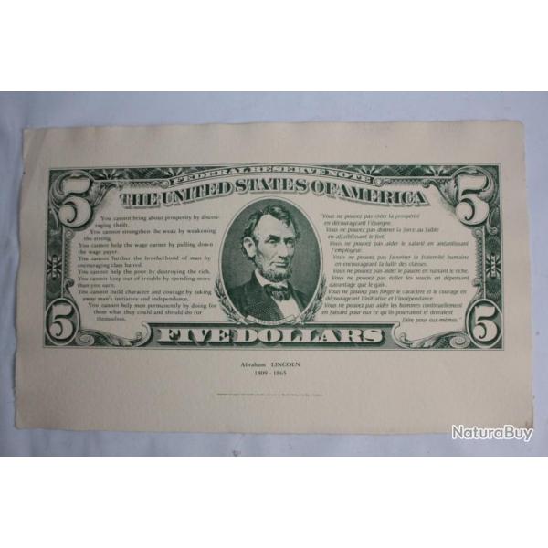 Billet gant 5 Dollars Abraham Lincoln Lithographie