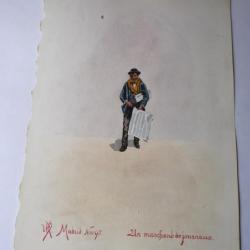 Peinture aquarelle " Un marchand de journaux " Madrid 1895 Espagne