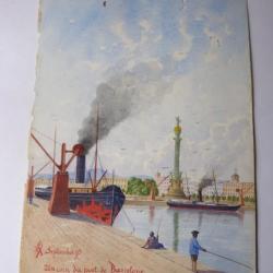 Peinture aquarelle " Un coin du port " Barcelone 1895 Espagne