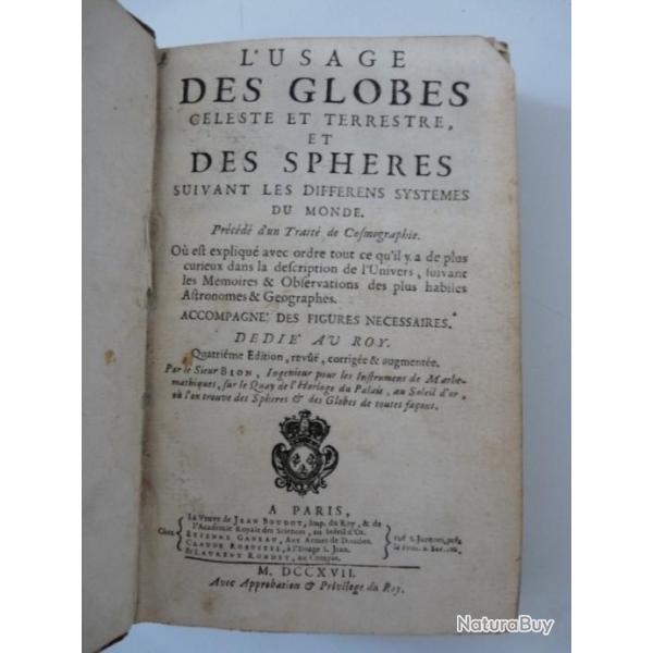 Livre L'usage des globes cleste et terrestre cosmographie 1717