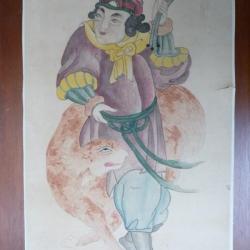 Ancien Dessin original à l'encre rehaussé en couleurs Japon Chine Asie