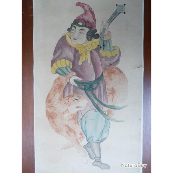 Ancien Dessin original  l'encre rehauss en couleurs Japon Chine Asie
