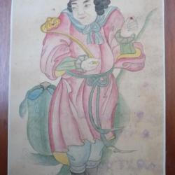Ancien Dessin original à l'encre rehaussé en couleurs Japon Chine Asie