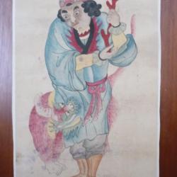 Ancien Dessin original à l'encre rehaussé en couleurs Japon Chine Asie