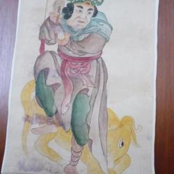Ancien Dessin original à l'encre rehaussé en couleurs Japon Chine Asie