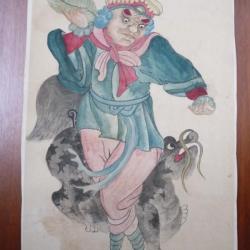 Ancien Dessin original à l'encre rehaussé en couleurs Japon Chine Asie