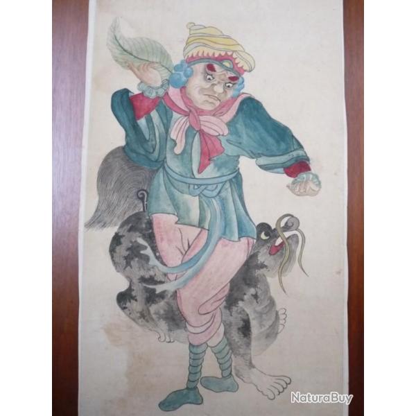 Ancien Dessin original  l'encre rehauss en couleurs Japon Chine Asie