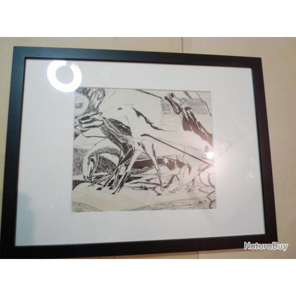 Dessin original Nol MARTINETTI 1950 chevaux course Sulky