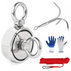 Aimant de Pêche Néodyme Puissant Diamètre 67mm Force Combiné 440KG avec 20m Corde Gants et Grappin