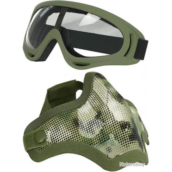 TOP ENCHERE - Ensemble lunettes + masque de protection airsoft vert arme - Livraison rapide