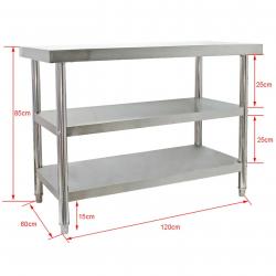 Table de travail acier affiné 120 x 60 x 85 cm 2 étagères pieds réglables en hauteur 16_0002498
