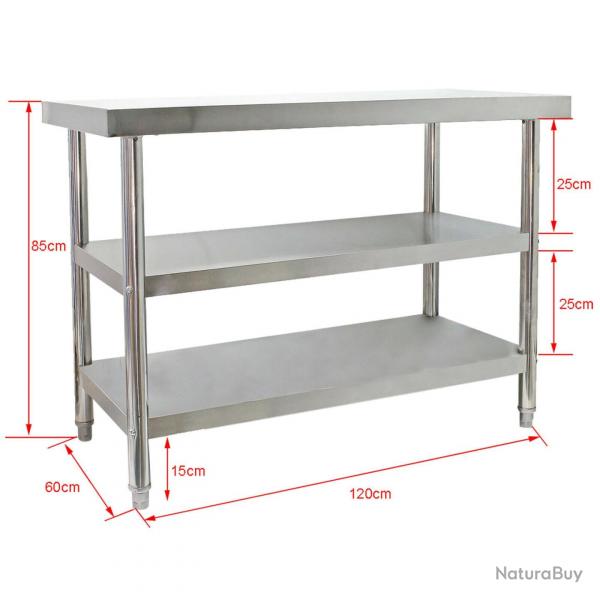 Table de travail acier affin 120 x 60 x 85 cm 2 tagres pieds rglables en hauteur 16_0002498