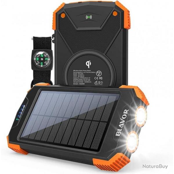 Batterie Externe Solaire 10000mAh Chargeur Portable avec Panneau Solaire Splashproof Anti-poussire