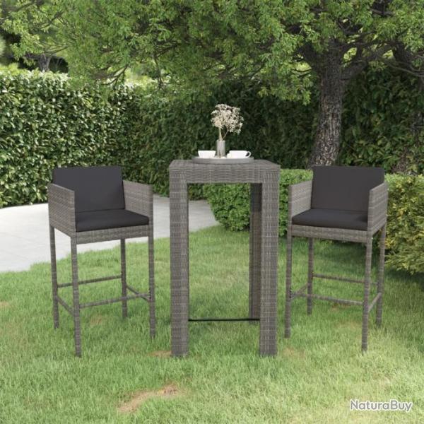 Ensemble de bar de jardin 3 pcs et coussins Rsine tresse Gris 3094779