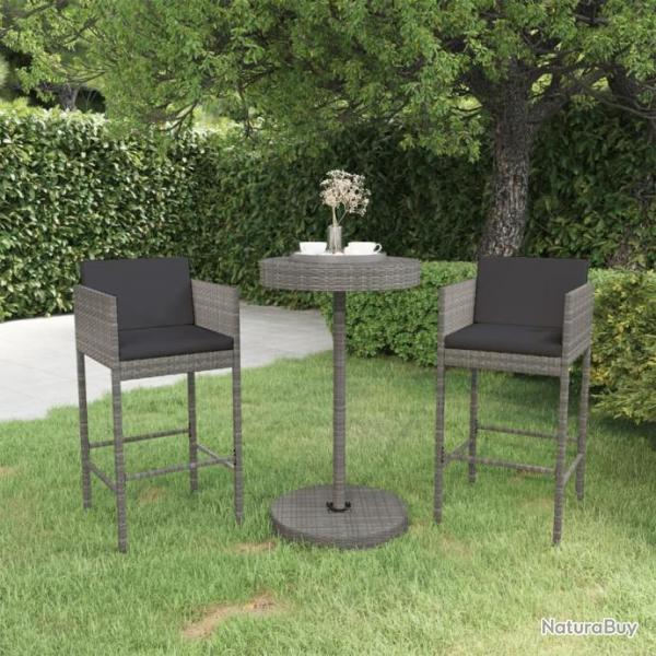 Ensemble de bar de jardin 3 pcs et coussins Rsine tresse Gris 3094773