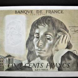 500 Francs PASCAL "superbe " du 3-1-1985 1épinglage
