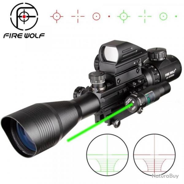 Fire Wolf Lunette Holographique 4-12x 50 Tlmtre 4 Mires laser Vert  Rail 20 m Chasse Fusil Tir