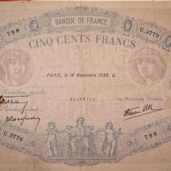 500 francs (bleu&rose) du 16-11-1939 tb+