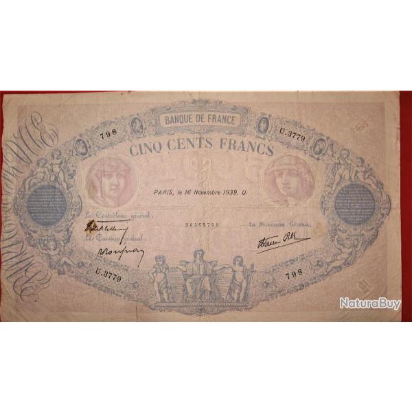 500 francs (bleu&rose) du 16-11-1939 tb+