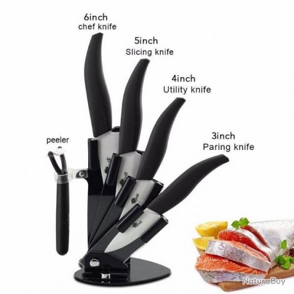 Set 4 couteaux de cuisine cramique avec support noir