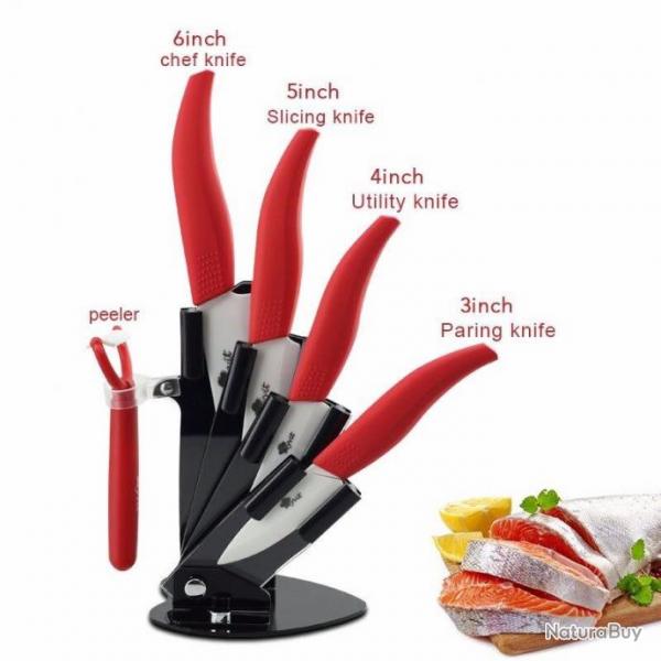 Set 4 couteaux de cuisine cramique avec support rouge