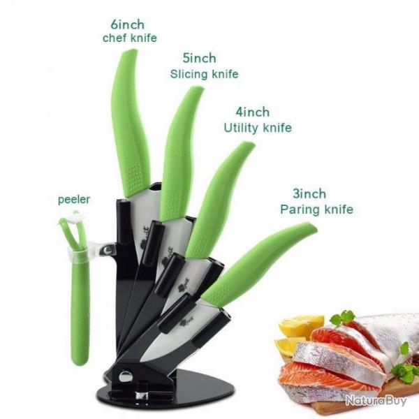 Set 4 couteaux de cuisine cramique avec support vert