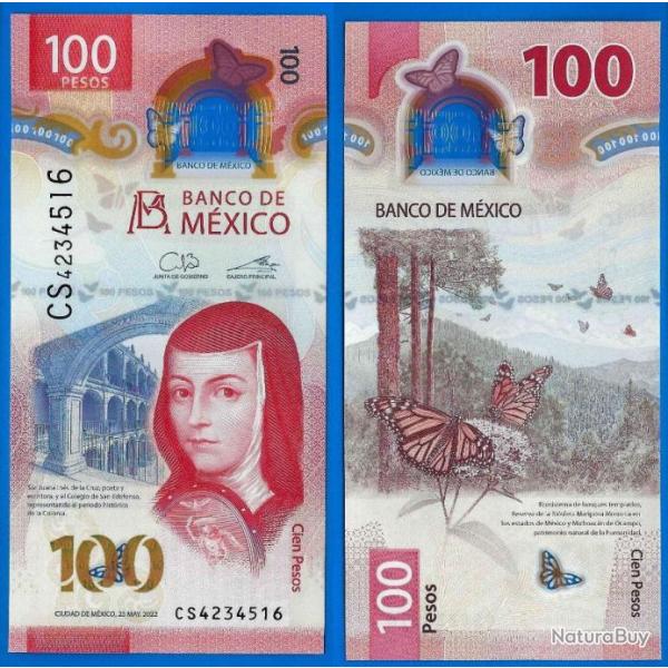 Mexique 100 Pesos 2022 Neuf Billet Polymere Peso Mexico Papillon