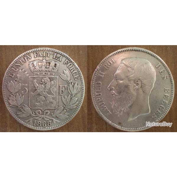 Belgique 5 Francs 1868 Argent Leopold 2 Roi Des Belges Piece Frcs Frs Frc