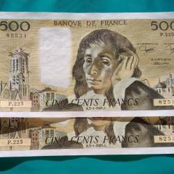 Suite de 2 billets de 500 francs "PASCAL" NEUFS 03/04/1985 , Fayette F 71-33