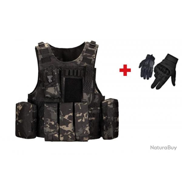 Gilet tactique camouflage multipoches + Gants tactiques - Airsoft - Livraison rapide et offerte