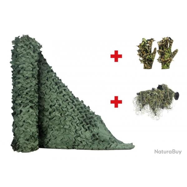 Filet de camouflage vert arme 1.5x5 m + Camouflage fusil 3D + Gants camouflage - LIVRAISON GRATUITE