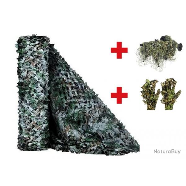 Filet de camouflage 1.5 x 20 m + Housse fusil 3D + Gants camouflage - LIVRAISON GRATUITE ET RAPIDE