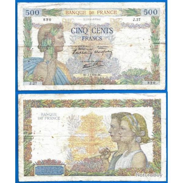 France 500 Francs 1940 4 Janvier Grand Billet La Paix Franc Frc Frcs