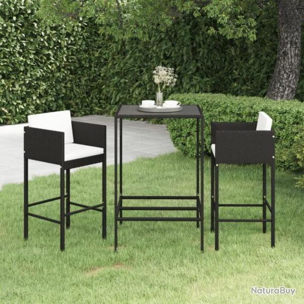 Ensemble de bar de jardin 3 pcs et coussins Rsine tresse Noir 3094787