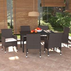 Meubles à dîner de jardin et coussins 7 pcs Poly rotin Marron