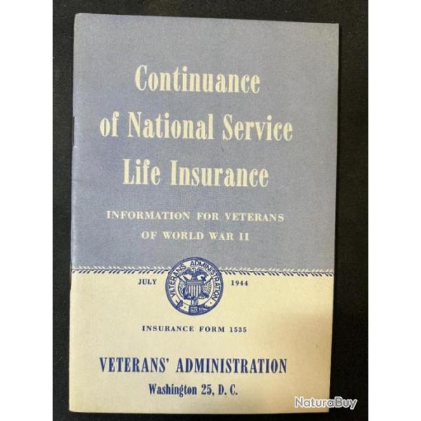 Livret Continuance of National Service Life Insurance