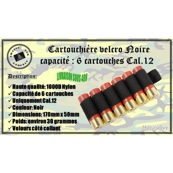 Cartouchire velcro Noire avec une capacit de 6 cartouches de calibre .12